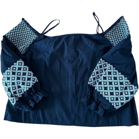 Rebecca Minkoff Off the Shoulder navy Embroidered smocked Peasant Top Boho XL - Picture 8 of 16